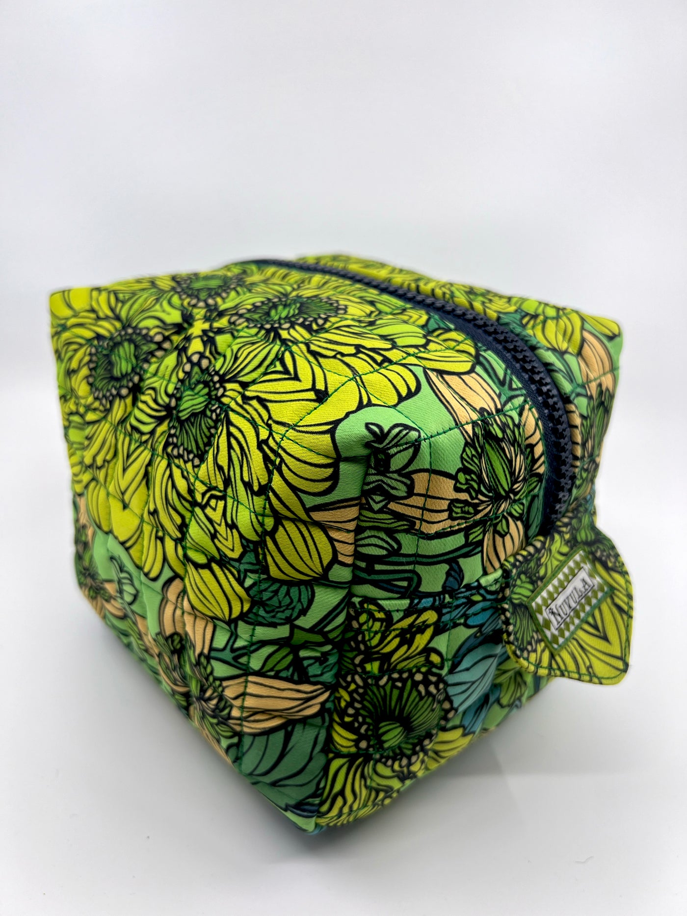 Green Floral Designer Traveling - Large Quilted Cosmetic Bag