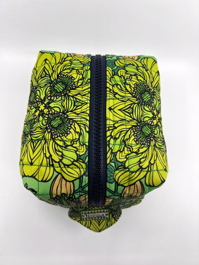 Green Floral Designer Traveling - Large Quilted Cosmetic Bag