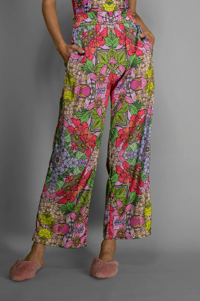 Red Floral Satin Wide-Leg Pants