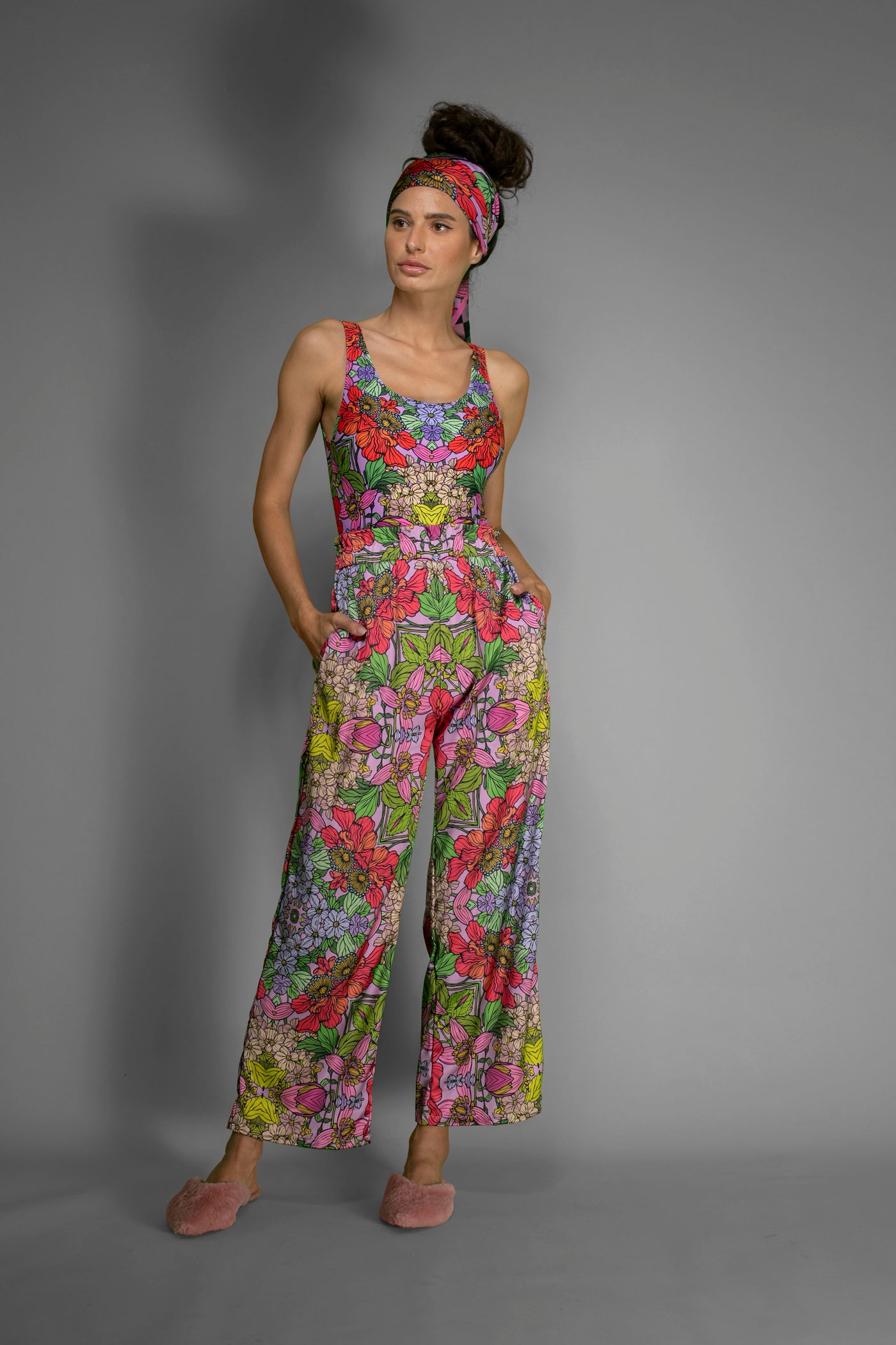 Red Floral Satin Wide-Leg Pants