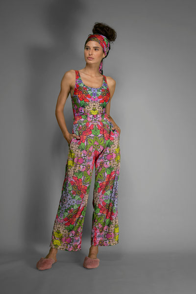 Red Floral Satin Wide-Leg Pants