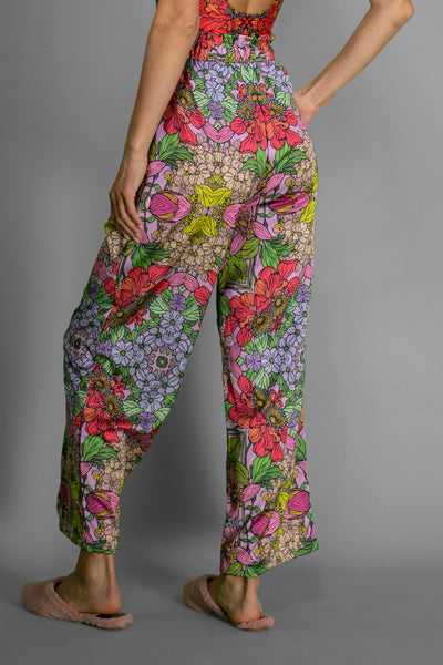 Red Floral Satin Wide-Leg Pants