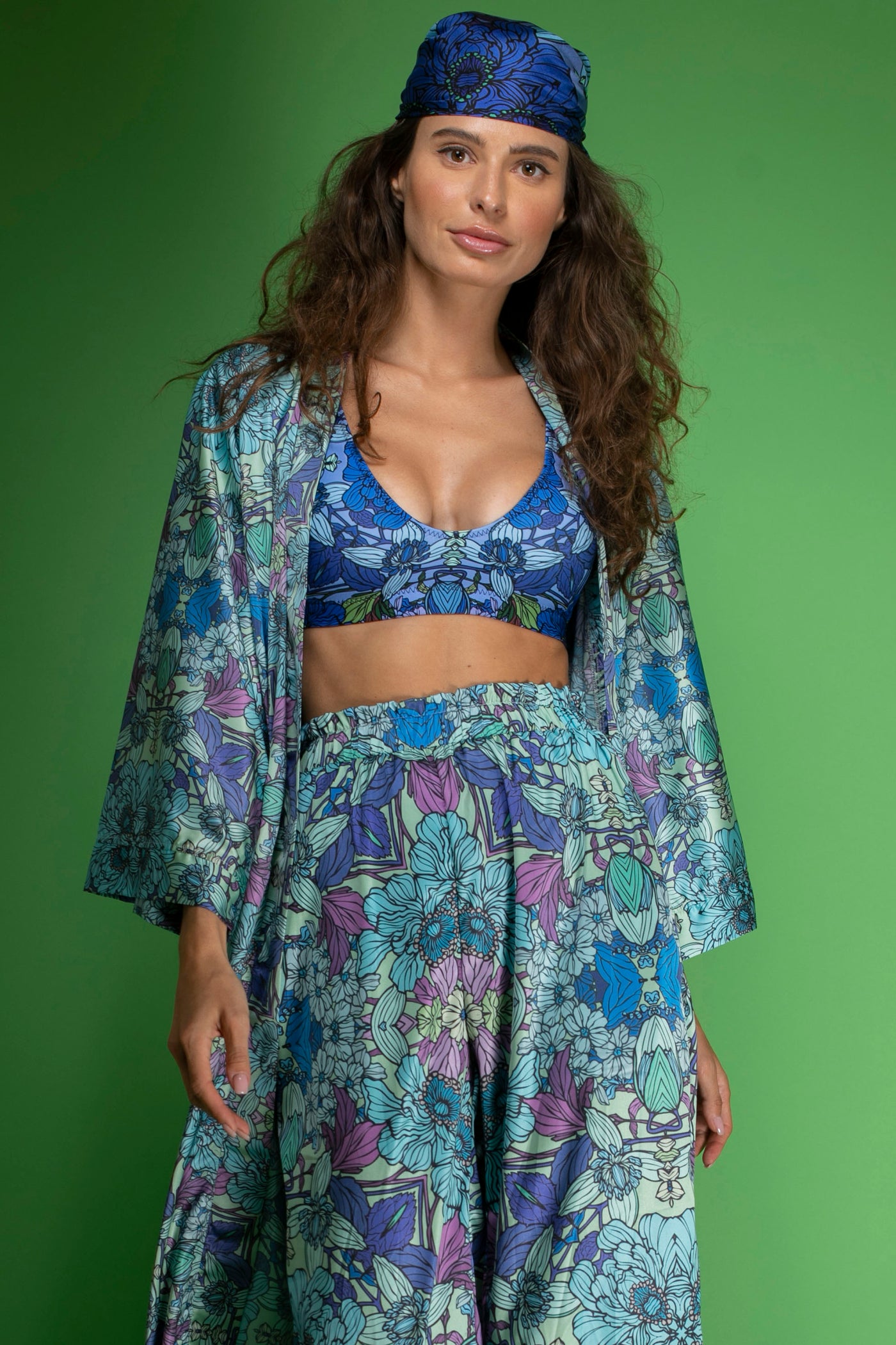 Blue Floral satin Wide-Leg Pants