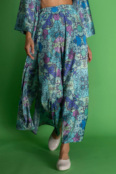 Blue Floral satin Wide-Leg Pants