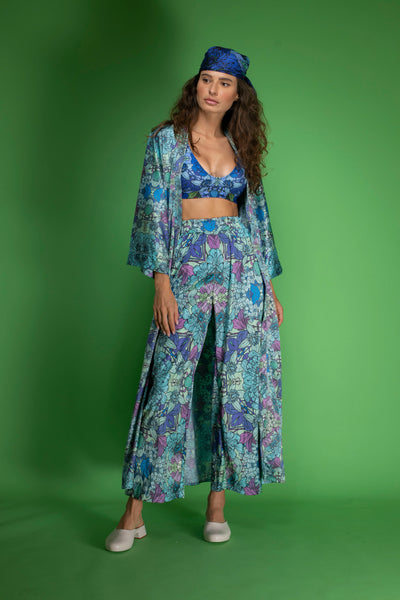 Blue Floral satin Wide-Leg Pants