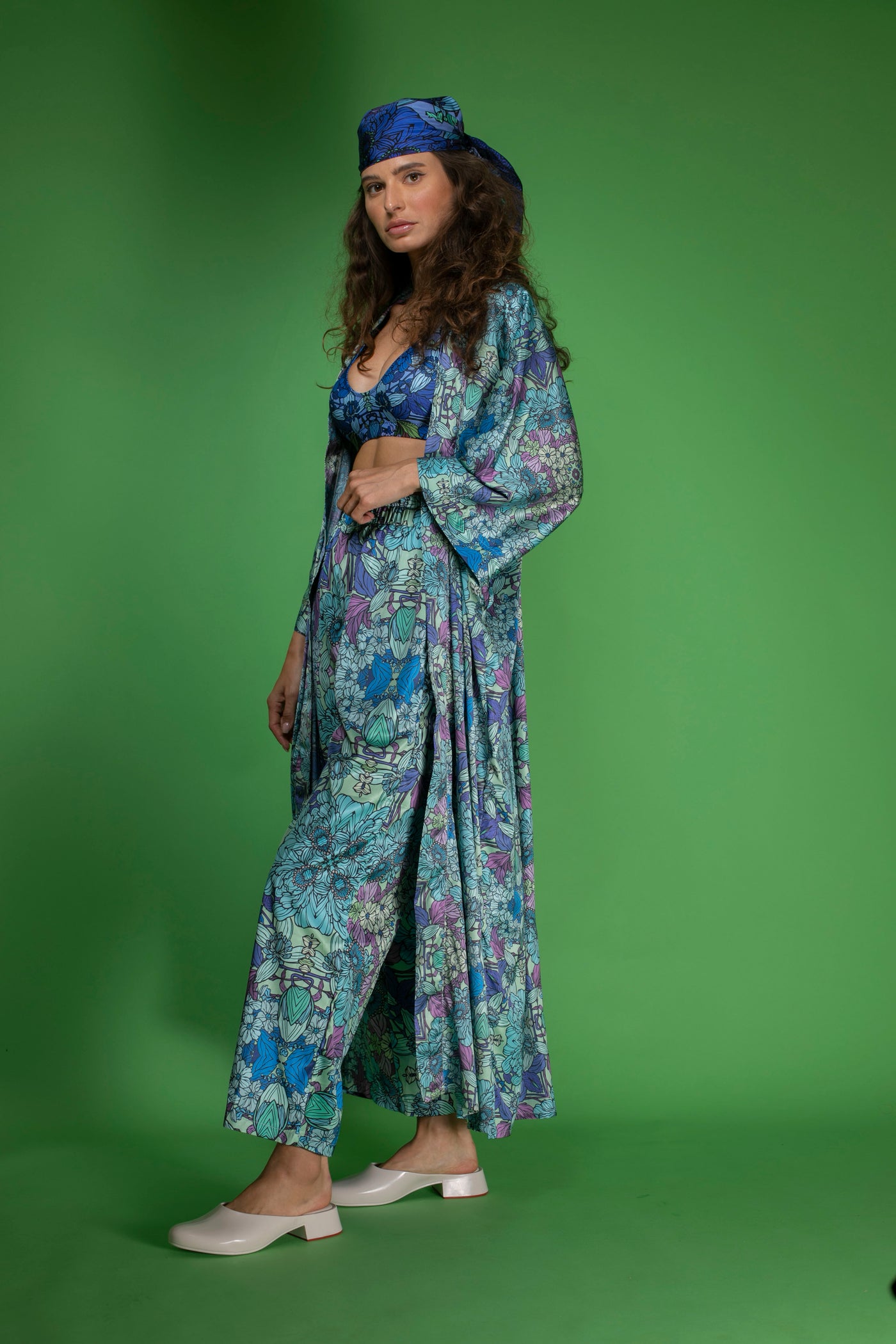 Blue Floral satin Wide-Leg Pants