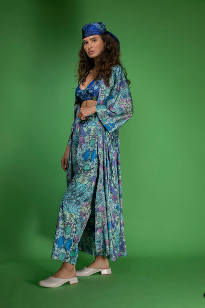 Blue Floral satin Wide-Leg Pants