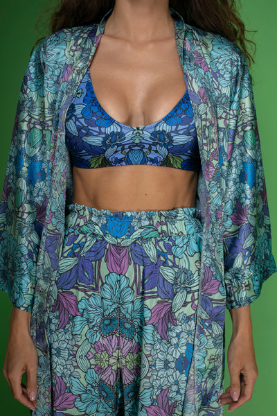 Blue Floral satin Wide-Leg Pants