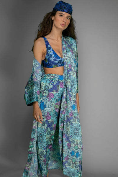 Blue Floral satin Wide-Leg Pants