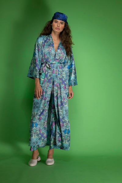 Blue Floral satin Wide-Leg Pants