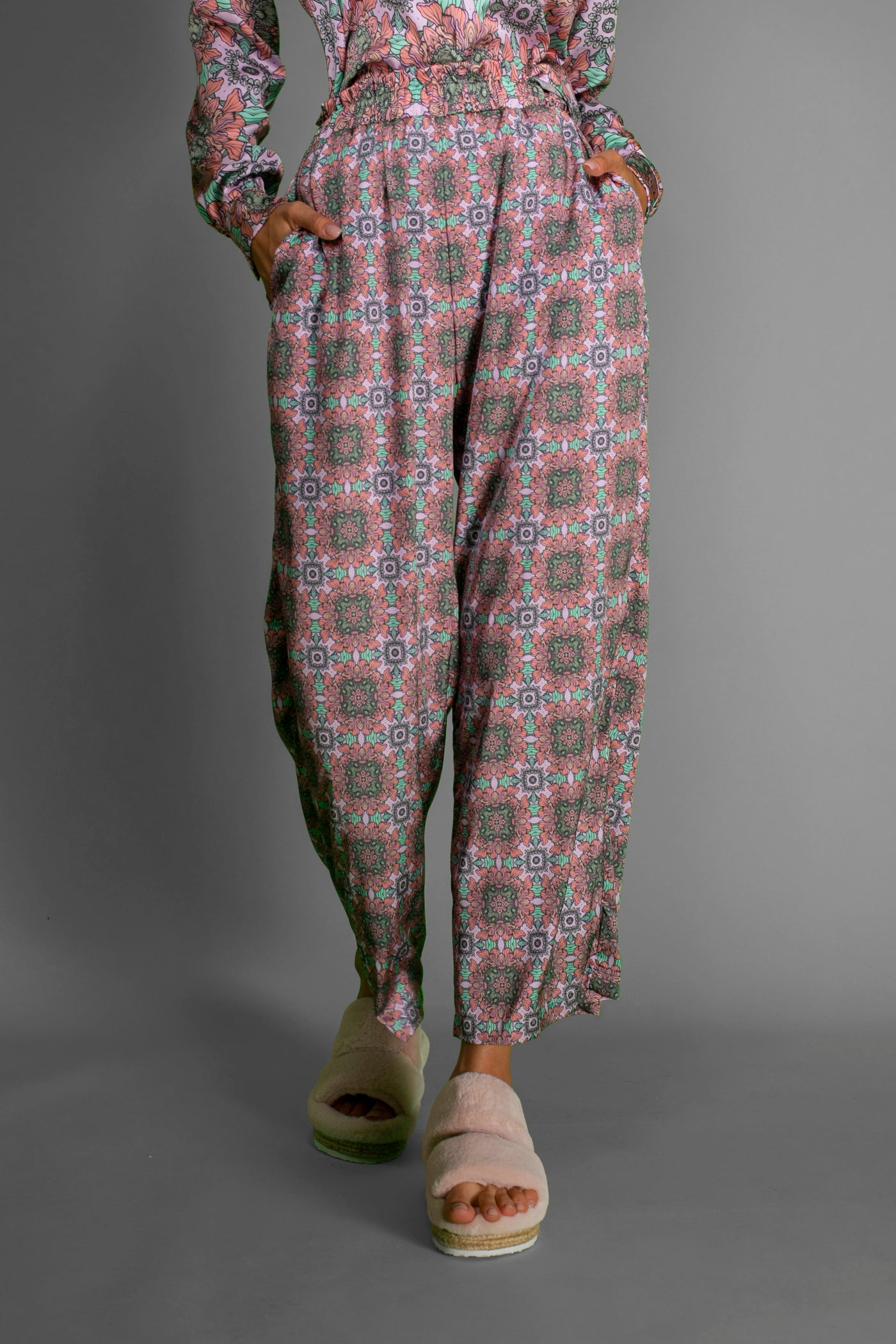 Pink Mystic Floral Satin Wide-Leg Pants