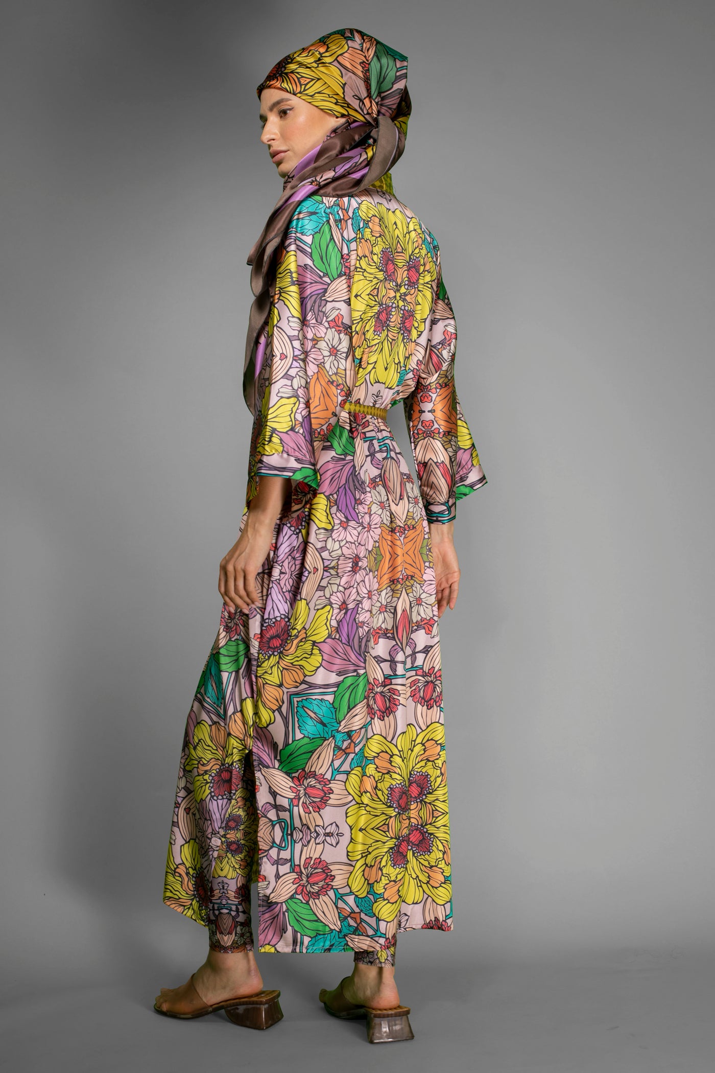 Golden Floral Satin Kimono