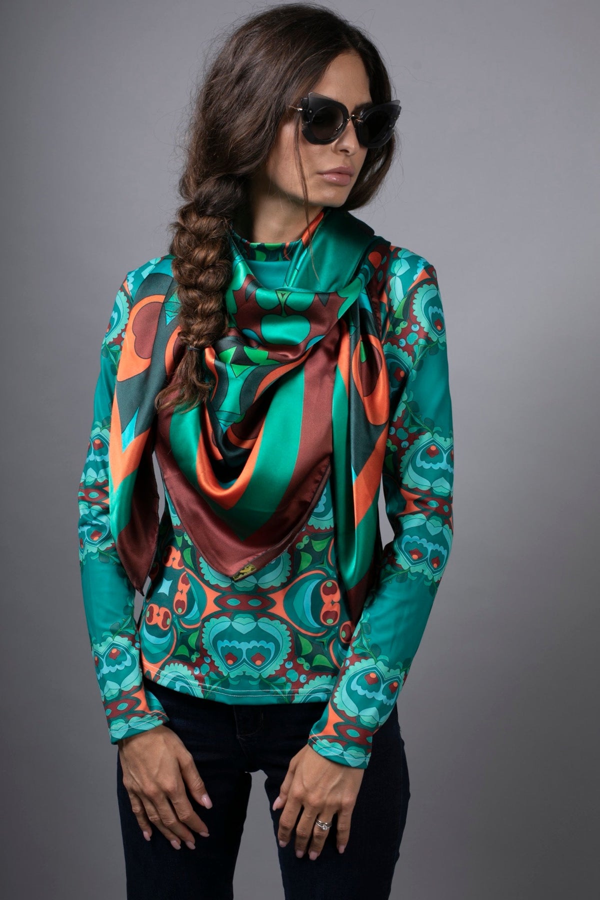 PSYCHEDELIC TEAL ORANGE SILK SCARF NUVULA