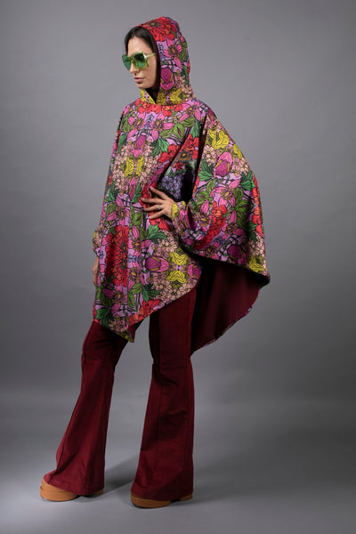 Mystic Red Garden floral hooded cloak cape