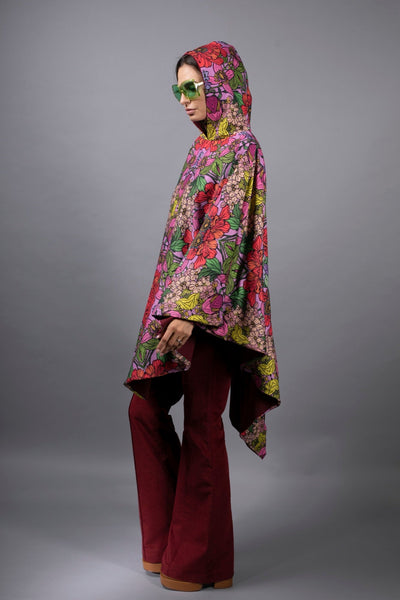Mystic Red Garden floral hooded cloak cape