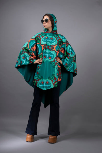 TEAL-ORANGE HOODED CAPE