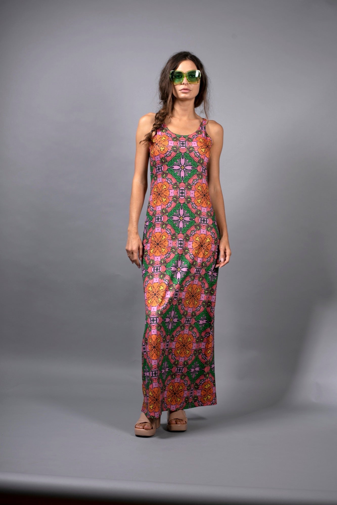 Exotic Floral Orange Pink Tank Maxi Dress