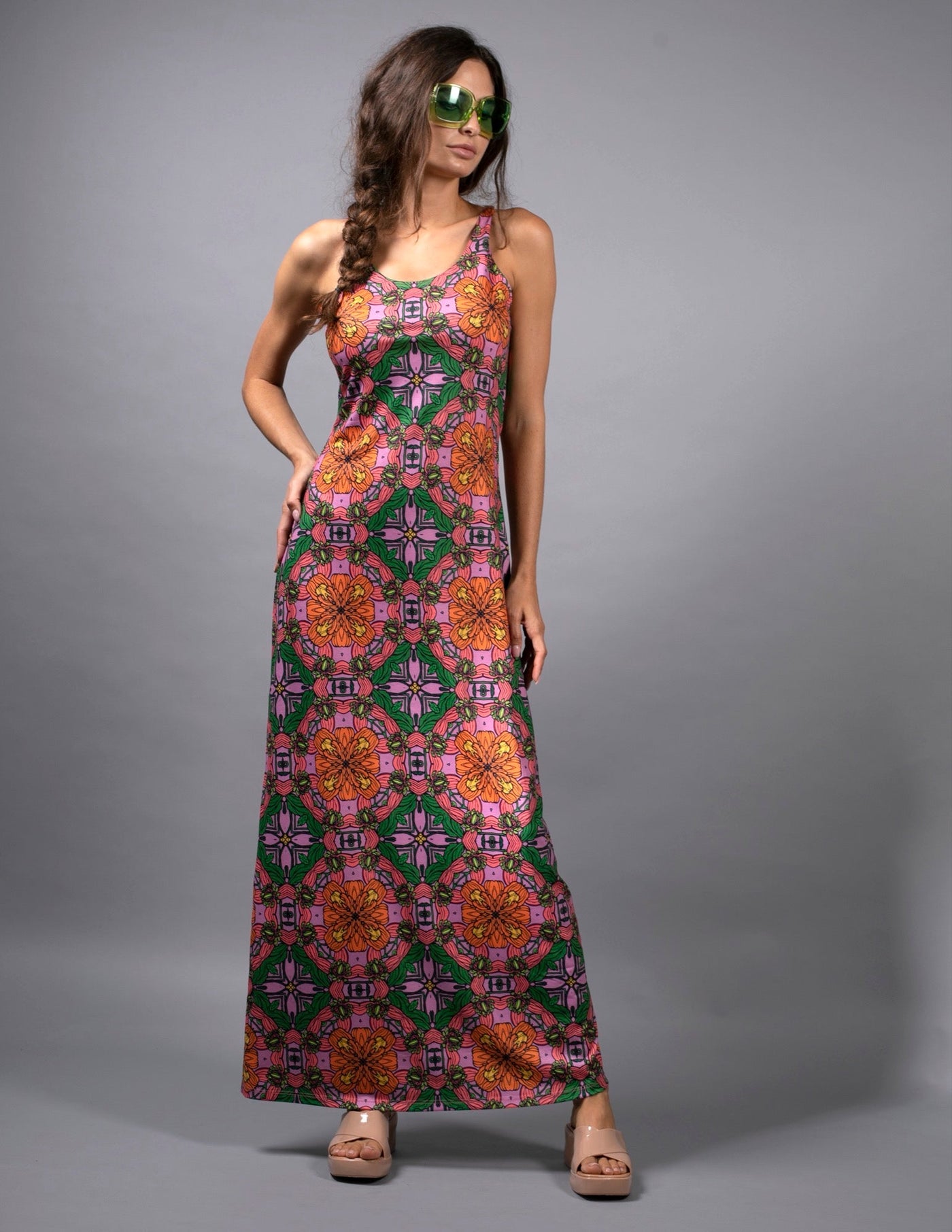 Exotic Floral Orange Pink Tank Maxi Dress
