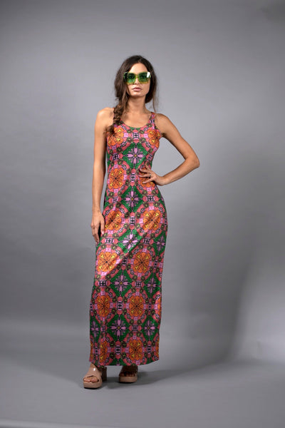 Exotic Floral Orange Pink Tank Maxi Dress