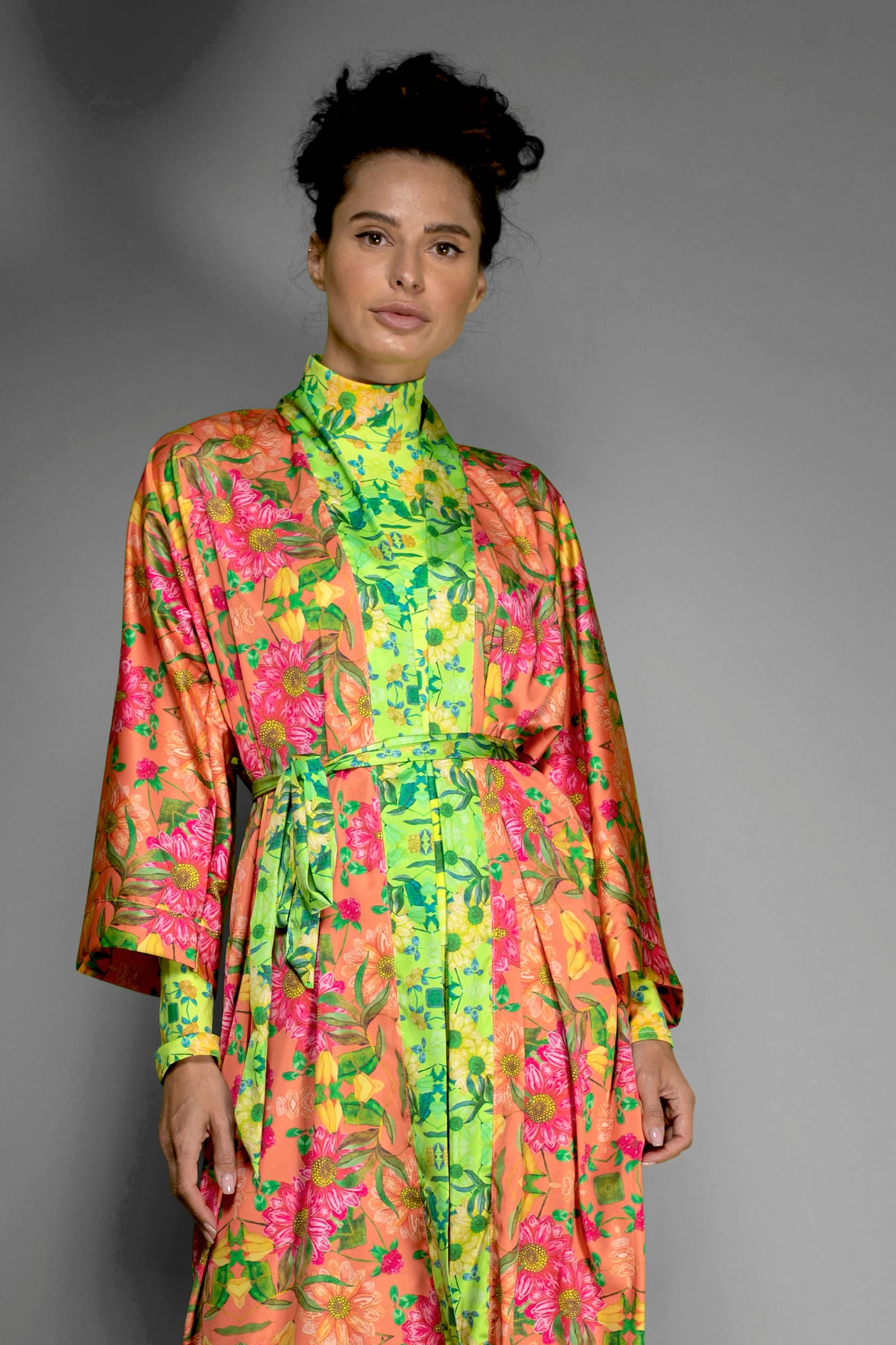 Orange Floral Satin Kimono